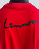 Red t-shirt with black 'Lennon' logo on a grey background