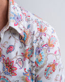 Close-up of a colorful floral patterned shirt with a plain background