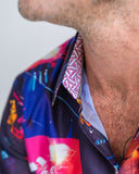 Close up of a patterned shirt collar
