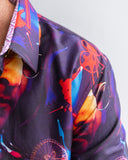 Colorful shirt with John Lennon designs on a plain background