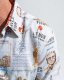 Close-up of a long-sleeve shirt with John Lennon-inspired designs and lyrics