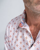 Close-up of a geometric patterned shirt collar