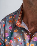 Close-up of a colourful floral-patterned shirt with a plain background